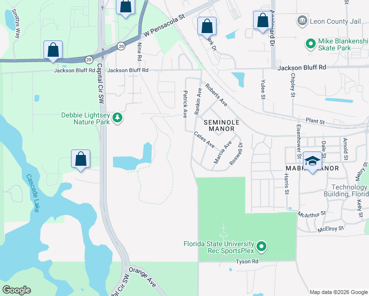 map of restaurants, bars, coffee shops, grocery stores, and more near 1606 Rankin Avenue in Tallahassee