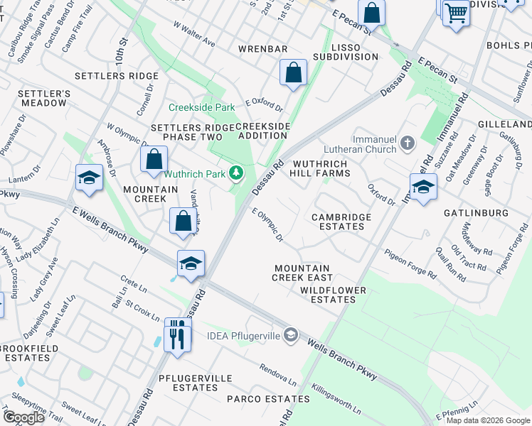 map of restaurants, bars, coffee shops, grocery stores, and more near 15711 Dessau Road in Pflugerville