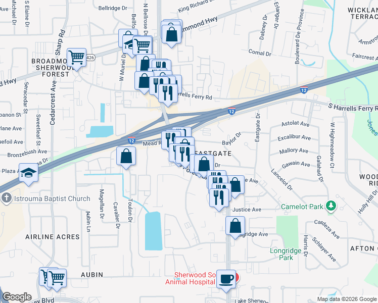 map of restaurants, bars, coffee shops, grocery stores, and more near 2560 Citadel Drive in Baton Rouge