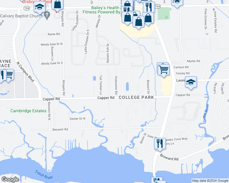 map of restaurants, bars, coffee shops, grocery stores, and more near 10632 Pinholster Road in Jacksonville