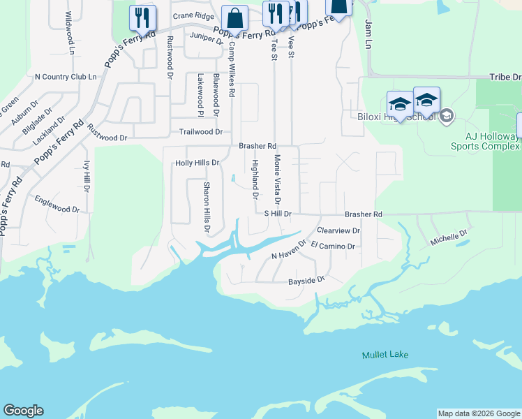 map of restaurants, bars, coffee shops, grocery stores, and more near 722 Highland Drive in Biloxi