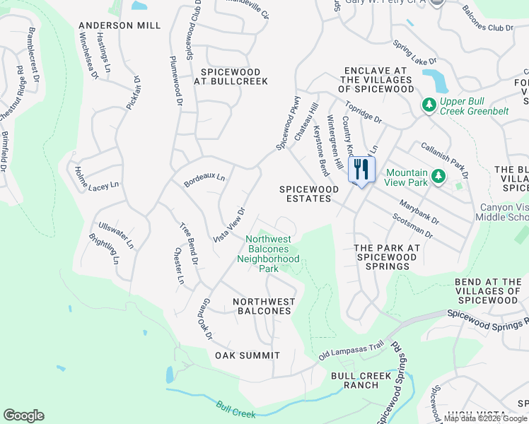 map of restaurants, bars, coffee shops, grocery stores, and more near 10601 Grand Oak Drive in Austin