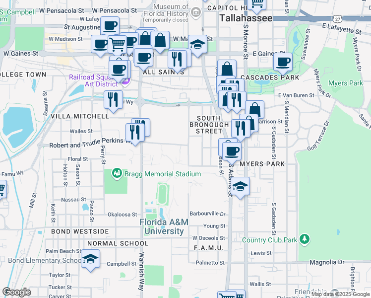 map of restaurants, bars, coffee shops, grocery stores, and more near 1520 South Martin Luther King Junior Boulevard in Tallahassee