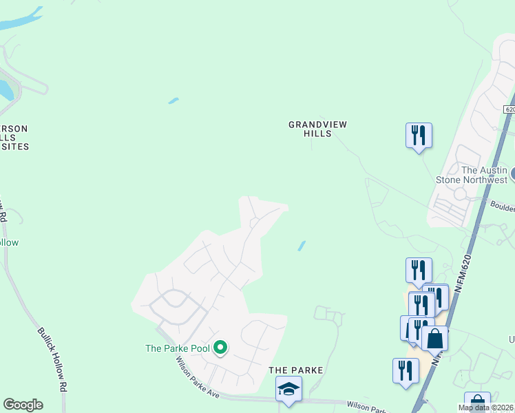 map of restaurants, bars, coffee shops, grocery stores, and more near 8412 Denali Parkway in Austin