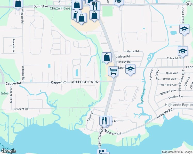 map of restaurants, bars, coffee shops, grocery stores, and more near 10627 Bolyard Drive in Jacksonville