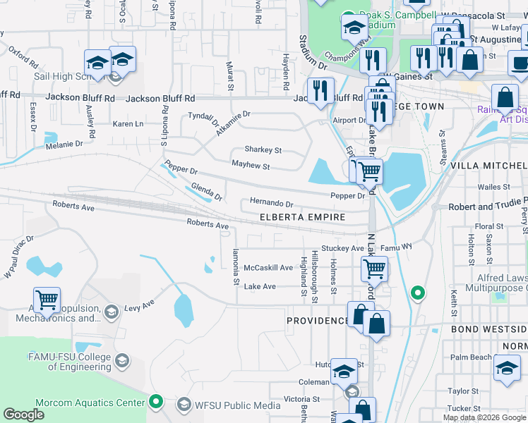 map of restaurants, bars, coffee shops, grocery stores, and more near 1622 Hernando Drive in Tallahassee