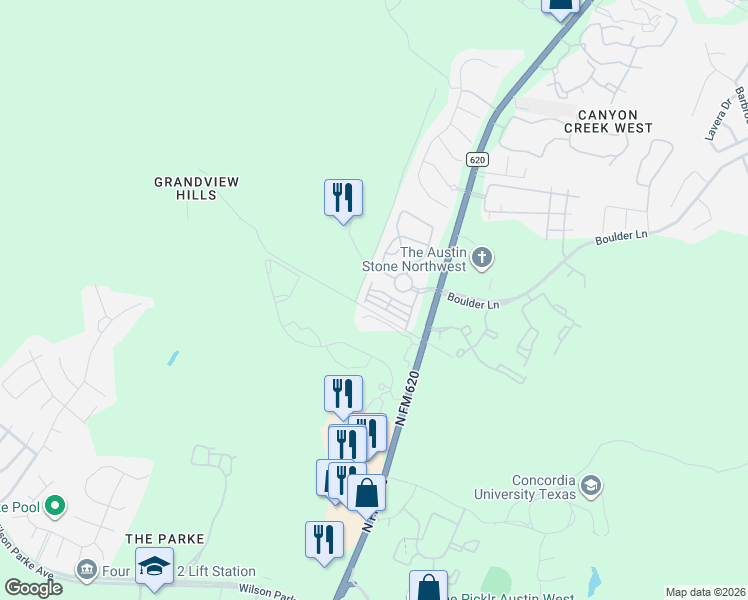 map of restaurants, bars, coffee shops, grocery stores, and more near 12004 Versante Circle in Austin