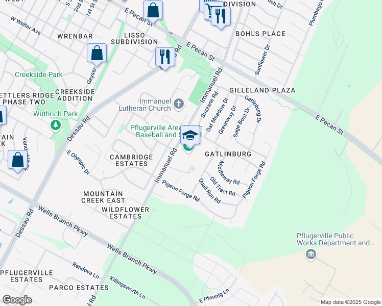 map of restaurants, bars, coffee shops, grocery stores, and more near 701 Immanuel Road in Pflugerville