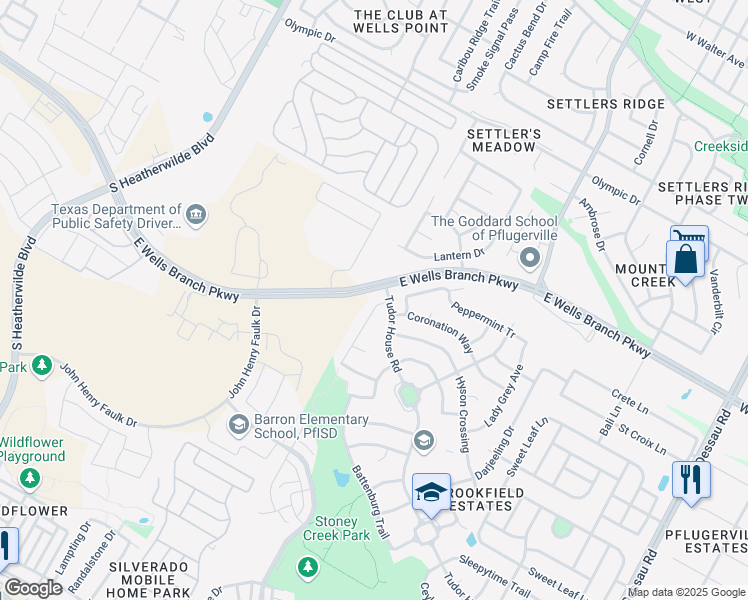 map of restaurants, bars, coffee shops, grocery stores, and more near 15020 Sassafras Trail in Pflugerville