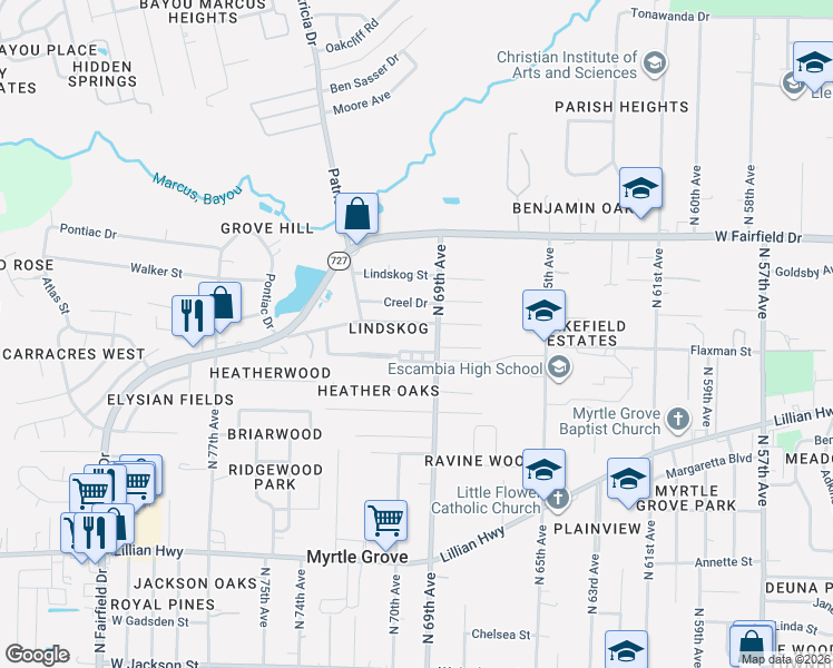 map of restaurants, bars, coffee shops, grocery stores, and more near 1421b North 69th Avenue in Pensacola