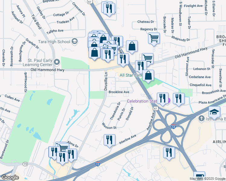 map of restaurants, bars, coffee shops, grocery stores, and more near 2324 Weymouth Drive in Baton Rouge