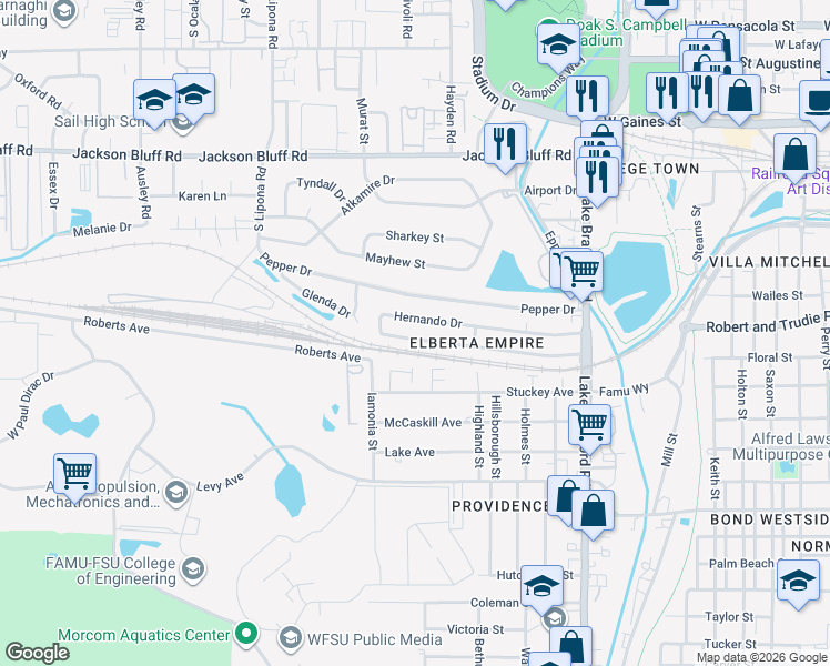 map of restaurants, bars, coffee shops, grocery stores, and more near 1622 Hernando Drive in Tallahassee