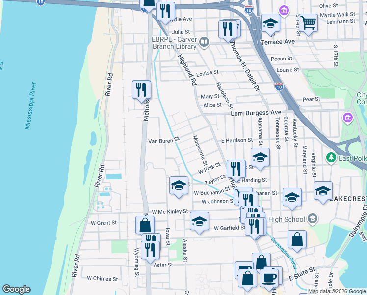 map of restaurants, bars, coffee shops, grocery stores, and more near 291 Van Buren Street in Baton Rouge