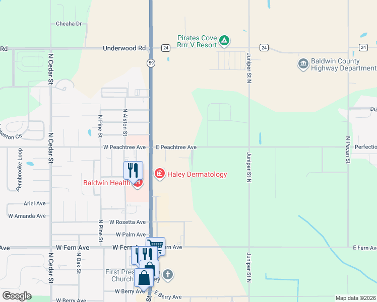 map of restaurants, bars, coffee shops, grocery stores, and more near 349-431 East Peachtree Avenue in Foley