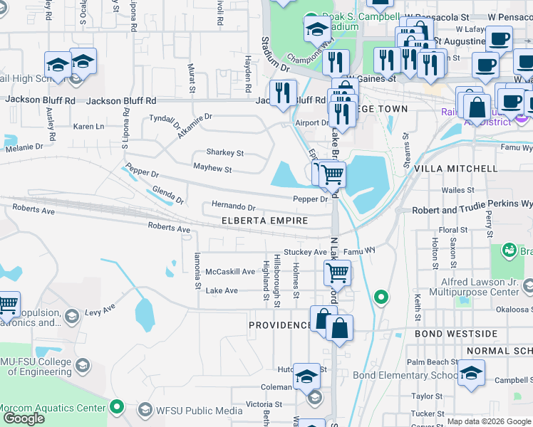 map of restaurants, bars, coffee shops, grocery stores, and more near 1416 Hernando Drive in Tallahassee