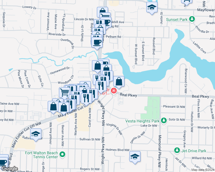 map of restaurants, bars, coffee shops, grocery stores, and more near 573 Beal Parkway Northwest in Fort Walton Beach