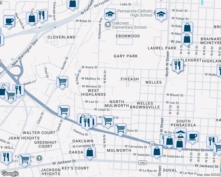 map of restaurants, bars, coffee shops, grocery stores, and more near 1602 North Kirk Street in Pensacola