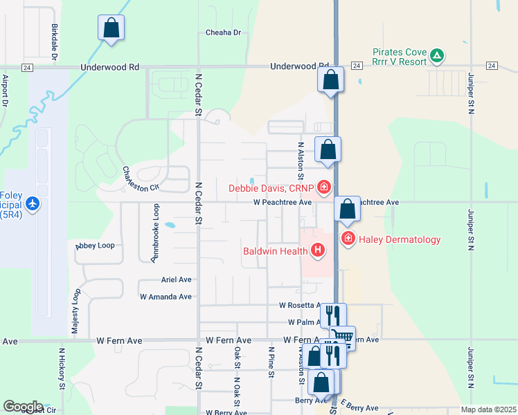map of restaurants, bars, coffee shops, grocery stores, and more near 300 West Peachtree Avenue in Foley