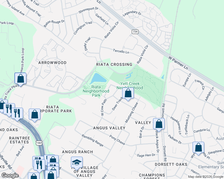 map of restaurants, bars, coffee shops, grocery stores, and more near 12421-12477 Audane Drive in Austin