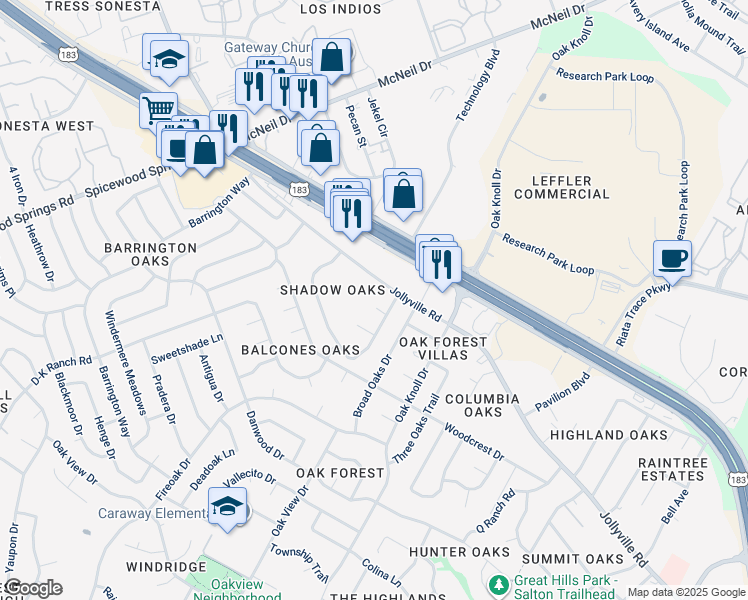 map of restaurants, bars, coffee shops, grocery stores, and more near 12148 Jollyville Road in Austin