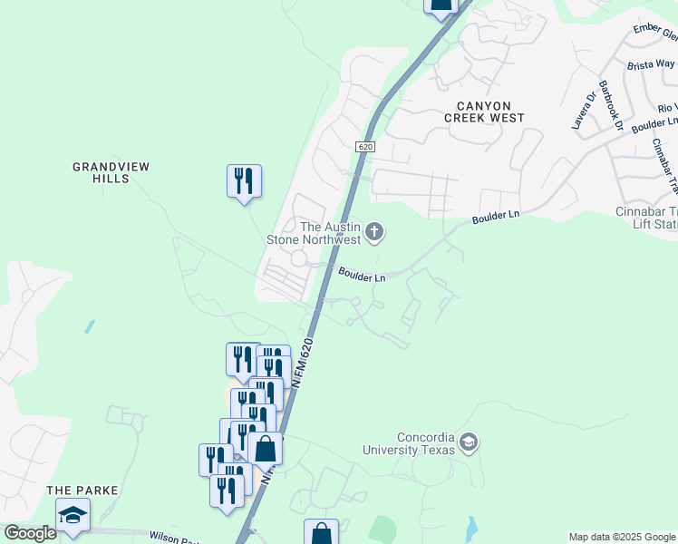 map of restaurants, bars, coffee shops, grocery stores, and more near Boulder Lane in Austin