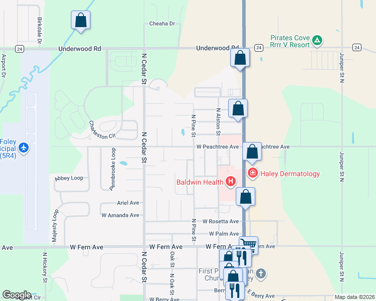 map of restaurants, bars, coffee shops, grocery stores, and more near 300 West Peachtree Avenue in Foley