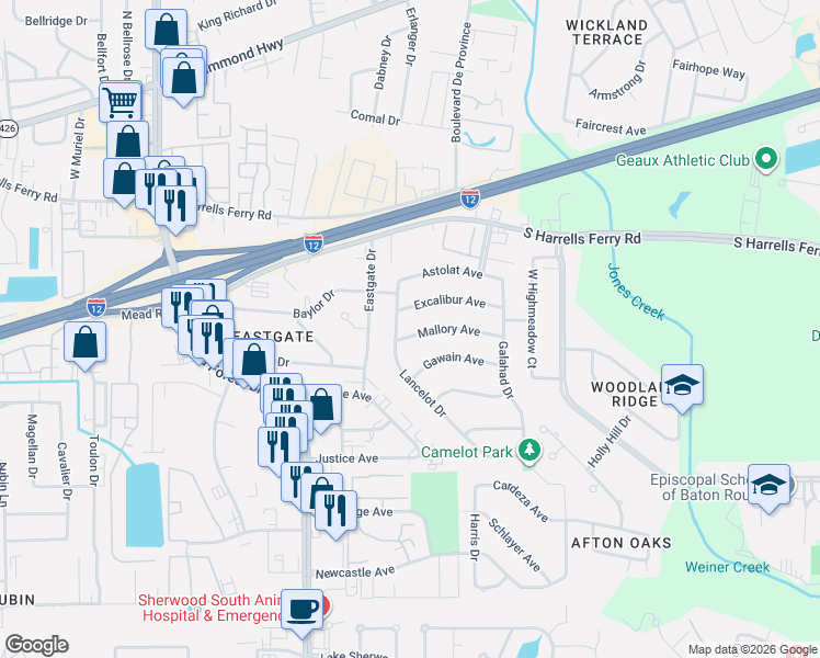 map of restaurants, bars, coffee shops, grocery stores, and more near 12208 Excalibur Avenue in Baton Rouge