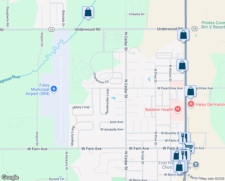 map of restaurants, bars, coffee shops, grocery stores, and more near 517 West Peachtree Avenue in Foley