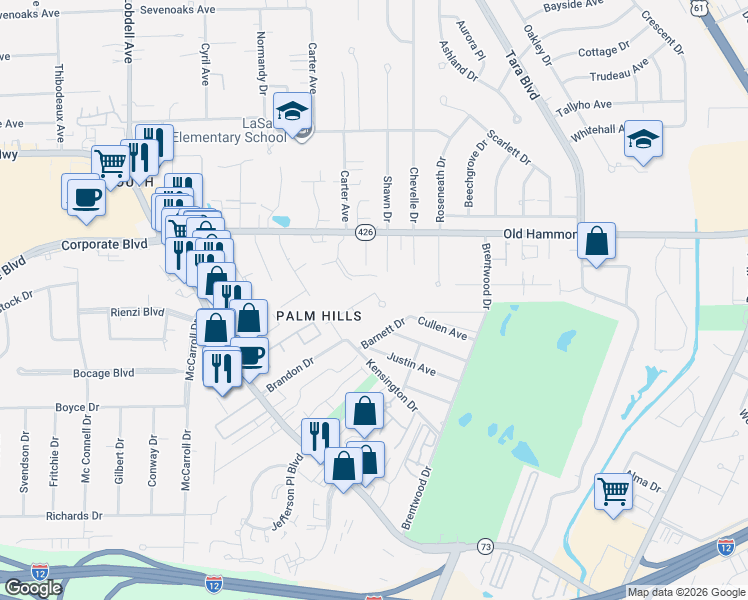 map of restaurants, bars, coffee shops, grocery stores, and more near 2277 Donray Drive in Baton Rouge