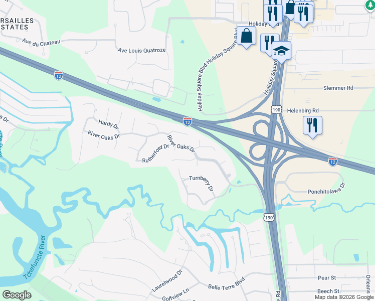 map of restaurants, bars, coffee shops, grocery stores, and more near 612 River Oaks Drive in Covington