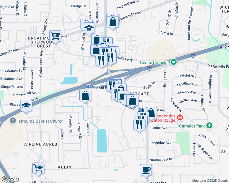 map of restaurants, bars, coffee shops, grocery stores, and more near S Sherwood Forest Blvd & Mead Rd in Baton Rouge