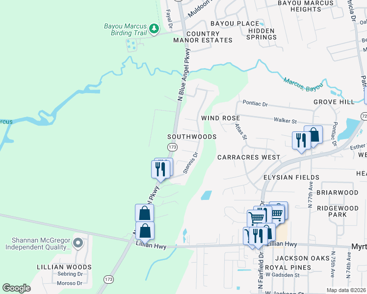 map of restaurants, bars, coffee shops, grocery stores, and more near 8781 Hawkeye Court in Pensacola