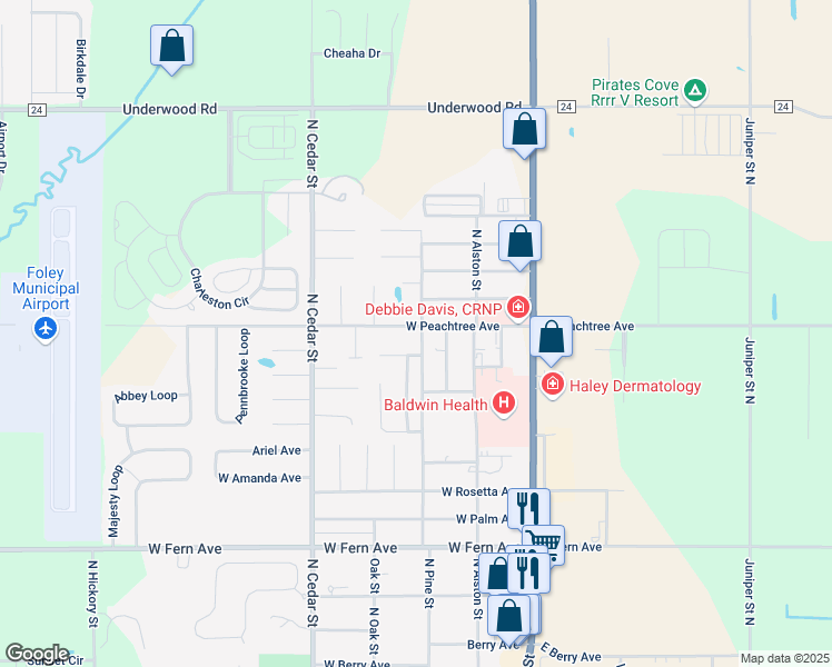 map of restaurants, bars, coffee shops, grocery stores, and more near 213 West Spruce Avenue in Foley