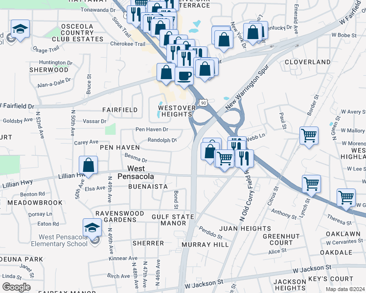 map of restaurants, bars, coffee shops, grocery stores, and more near 56 Norwood Drive in Pensacola