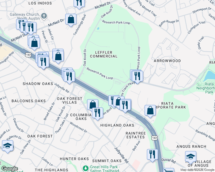 map of restaurants, bars, coffee shops, grocery stores, and more near 12301 Research Boulevard in Austin