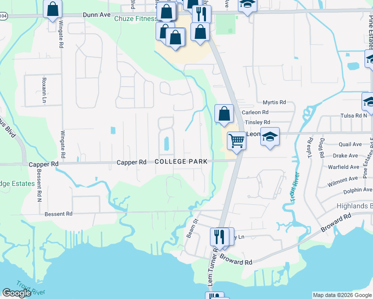 map of restaurants, bars, coffee shops, grocery stores, and more near 10669 Academy Park Drive in Jacksonville