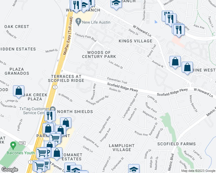 map of restaurants, bars, coffee shops, grocery stores, and more near 2328 Rodeo Drive in Austin