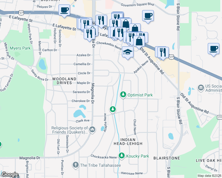 map of restaurants, bars, coffee shops, grocery stores, and more near 1109 Circle Drive in Tallahassee