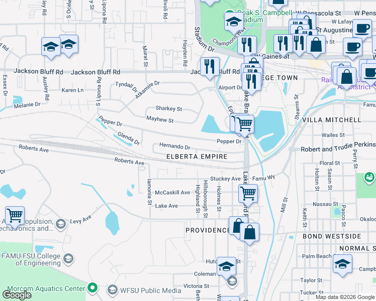 map of restaurants, bars, coffee shops, grocery stores, and more near 1518 Hernando Drive in Tallahassee