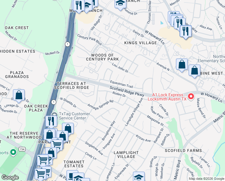 map of restaurants, bars, coffee shops, grocery stores, and more near 2328 Rodeo Drive in Austin