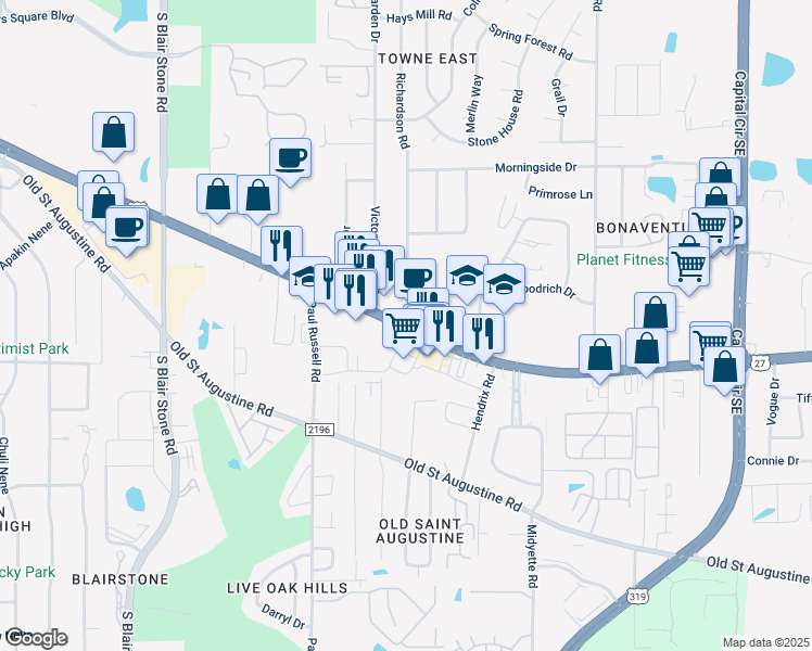 map of restaurants, bars, coffee shops, grocery stores, and more near Apalachee Pkwy & Richardson Rd in Tallahassee