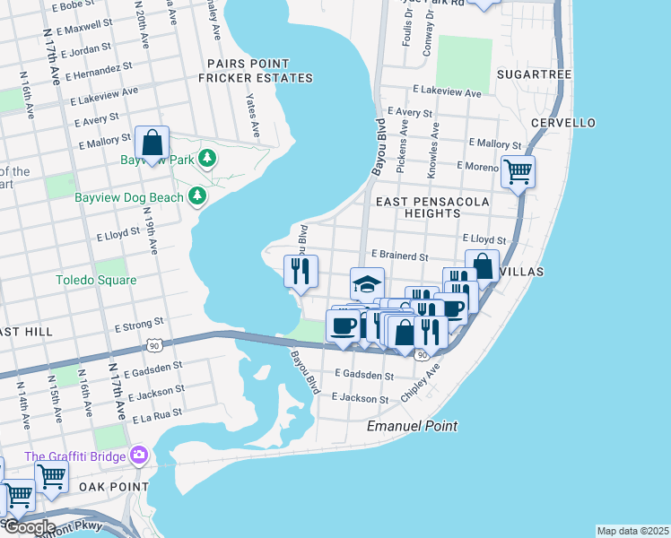 map of restaurants, bars, coffee shops, grocery stores, and more near 2800 East Gonzalez Street in Pensacola