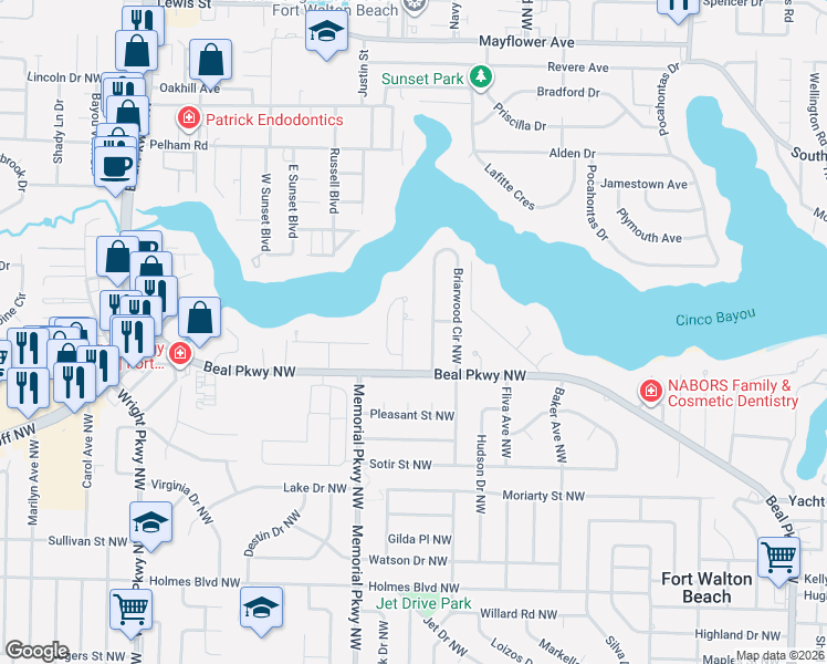 map of restaurants, bars, coffee shops, grocery stores, and more near 511 Briarwood Circle Northwest in Fort Walton Beach