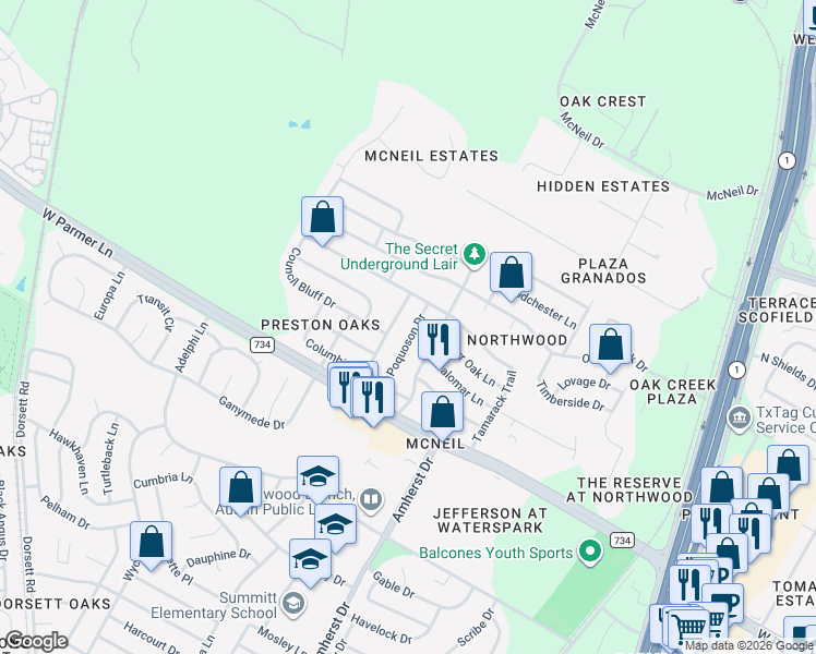 map of restaurants, bars, coffee shops, grocery stores, and more near 12810 Poquoson Drive in Austin