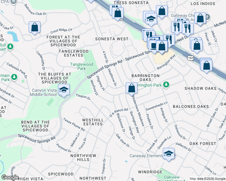 map of restaurants, bars, coffee shops, grocery stores, and more near 11500 Heathrow Drive in Austin