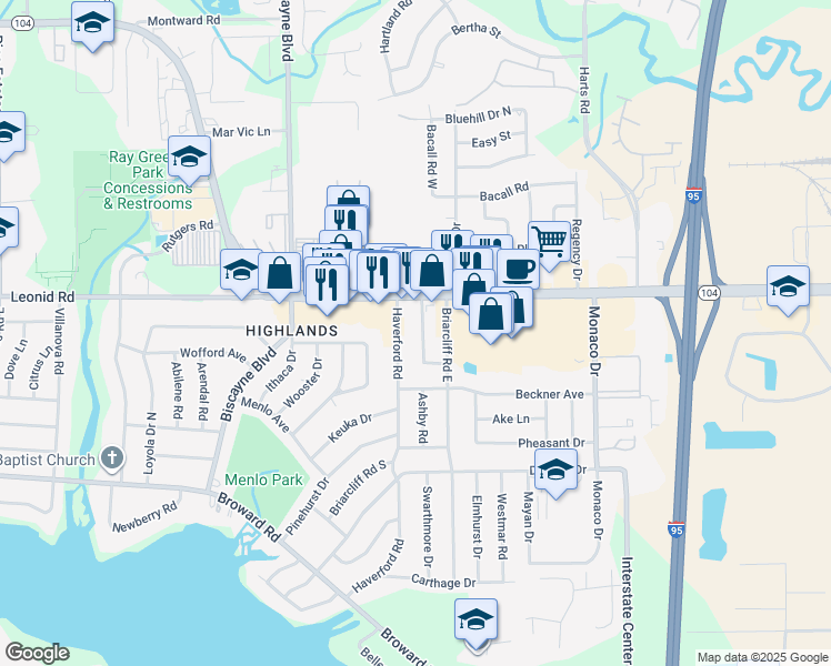 map of restaurants, bars, coffee shops, grocery stores, and more near 10710 Wake Forest Avenue in Jacksonville