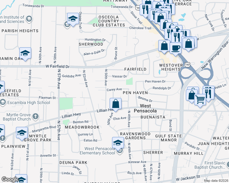 map of restaurants, bars, coffee shops, grocery stores, and more near 7 Carey Avenue in Pensacola