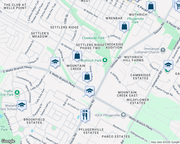 map of restaurants, bars, coffee shops, grocery stores, and more near 1012 Vanderbilt Circle in Pflugerville
