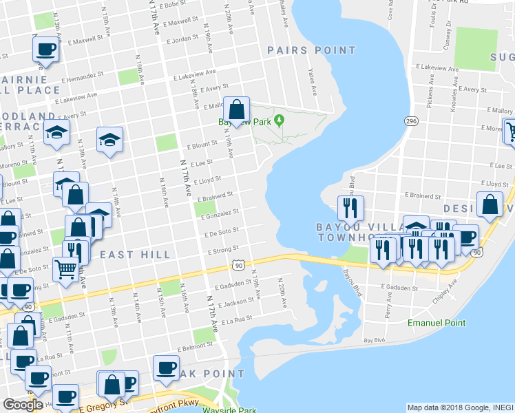 map of restaurants, bars, coffee shops, grocery stores, and more near 3708 East Gonzalez Street in Pensacola