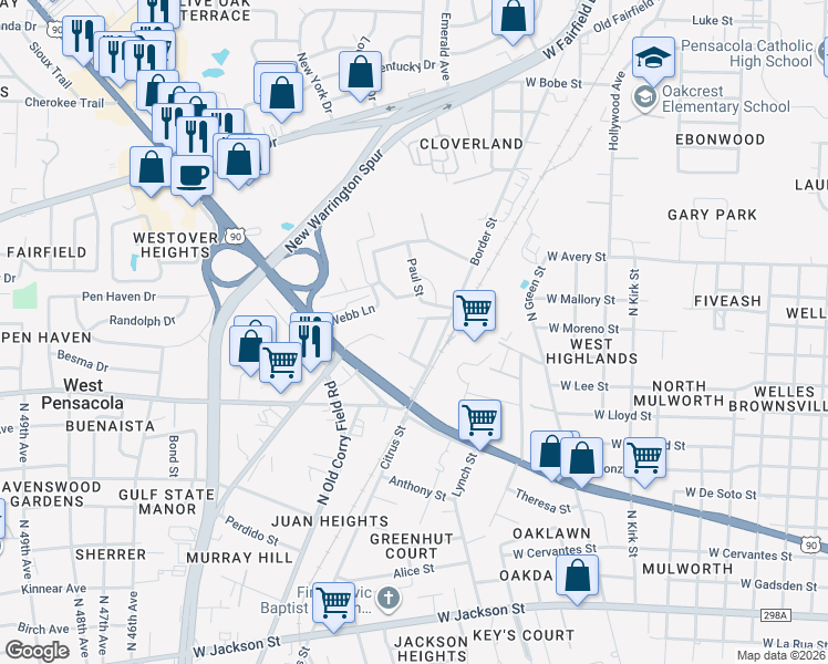 map of restaurants, bars, coffee shops, grocery stores, and more near 41 Lime Street in Pensacola
